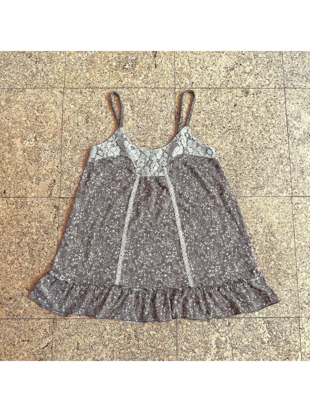 Mudd Babydoll Cami Size Small Tan/Brown Floral Lace Trim Boho Fairy Cottage Top